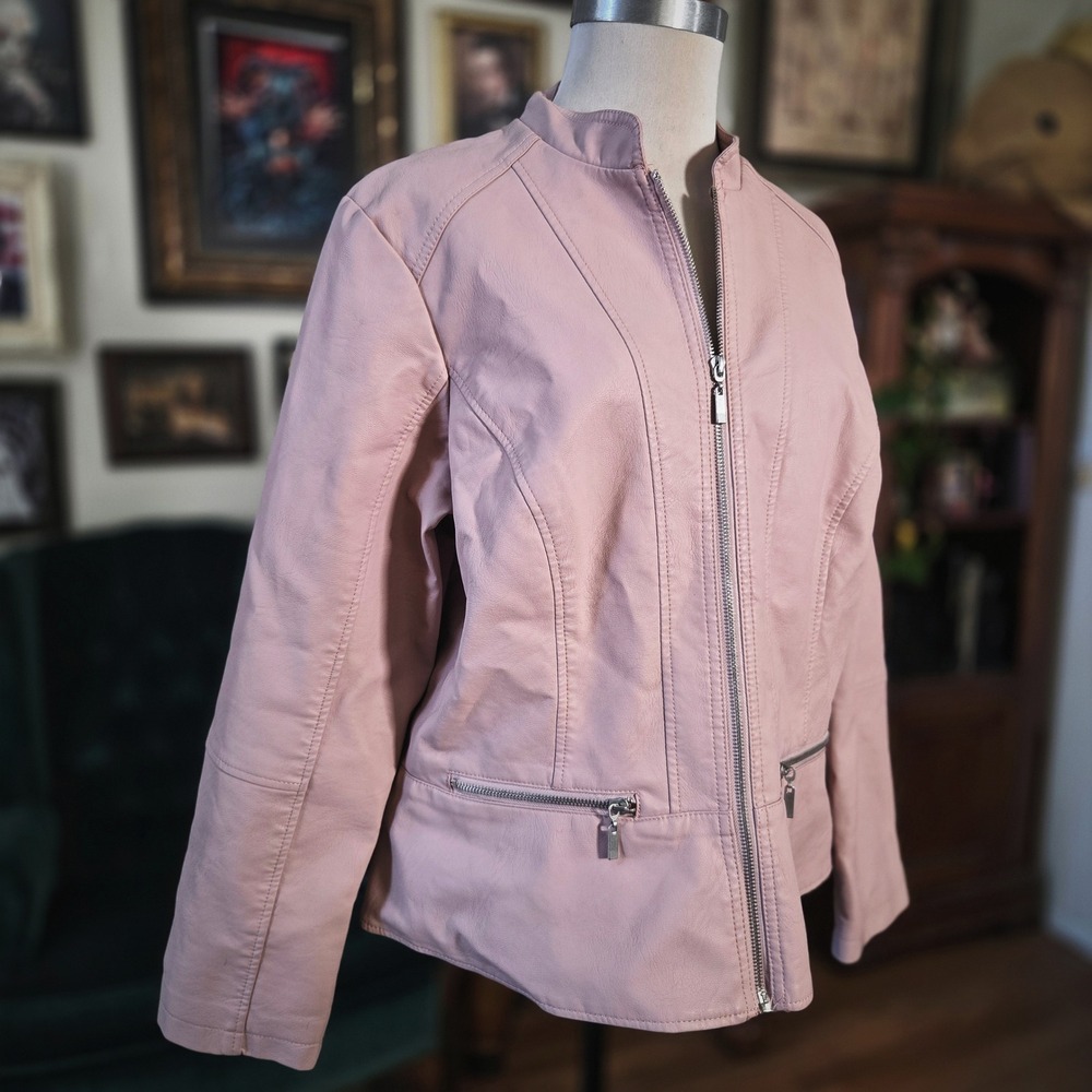 Baccini Pink Faux Leather Moto Jacket Womens 1X Pastel Vegan Biker Zip Coat Soft